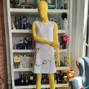 THEIA Sequined white and gold LOVE dress. Size 8, tailored down to a loose 6.